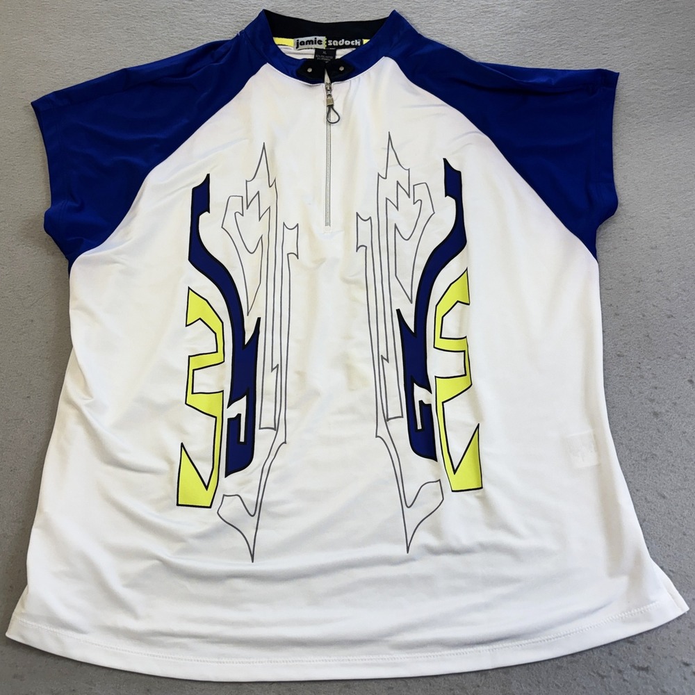 Jamie Sadock Golf Top Womens XL White Blue Yellow 1/4 Zip Graphic Print Sporty